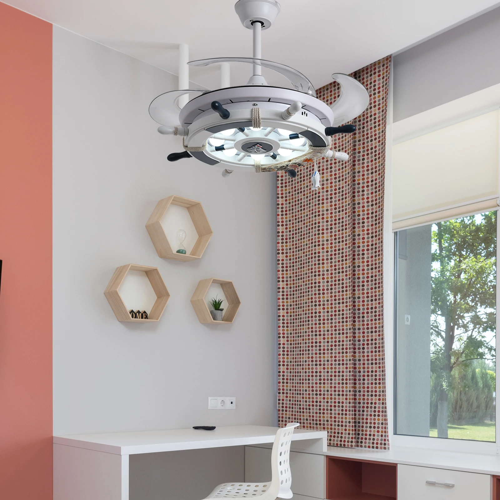 Silver  220v 24W Universal Remote Control Crystal Led Ceiling Fan Light With Hidden Blades Suit for 10 to 20 square Meters Room