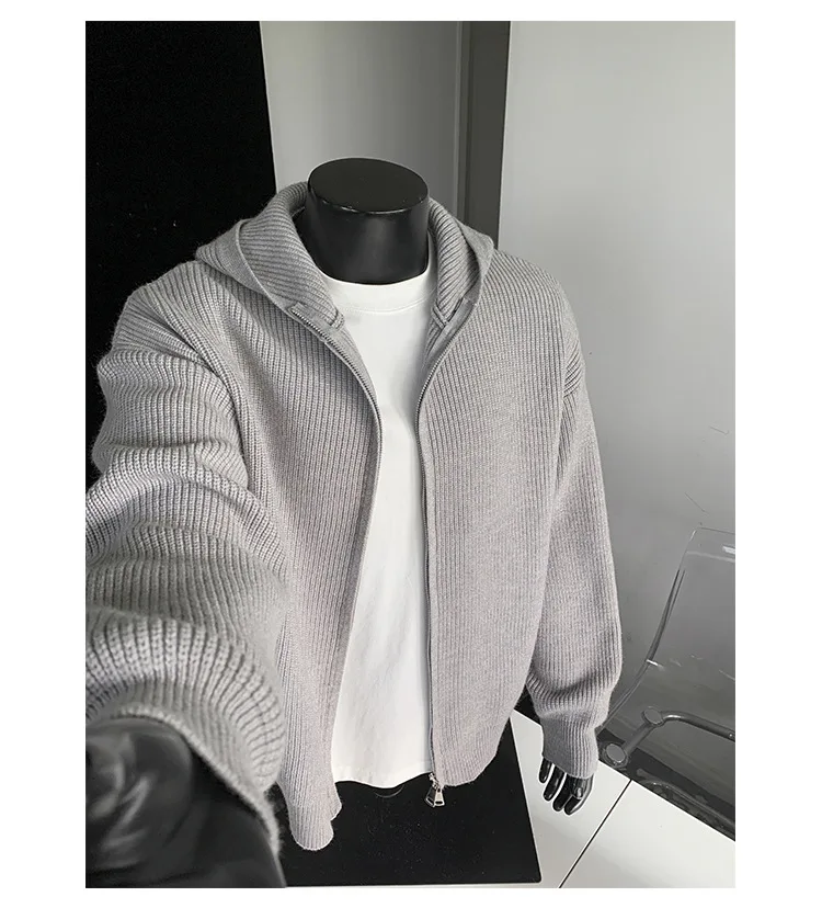 2026 New Autumn Winter Simple Solid Color Knitted Hoodie Men Japan Korean Fashion Casual Loose Double Zipper Hooded Jacket
