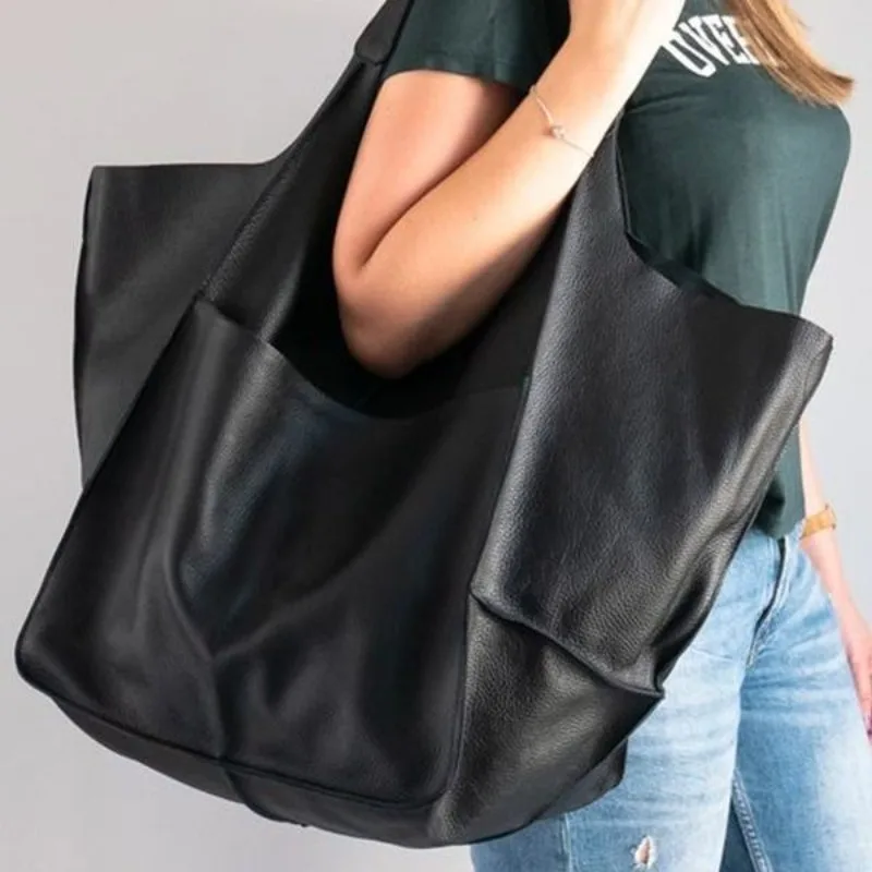 New Simple Large Bag Soft Leather Large Capacity Single Shoulder Hand Tote Bag Hand Vegetable Tanned Women's Bag