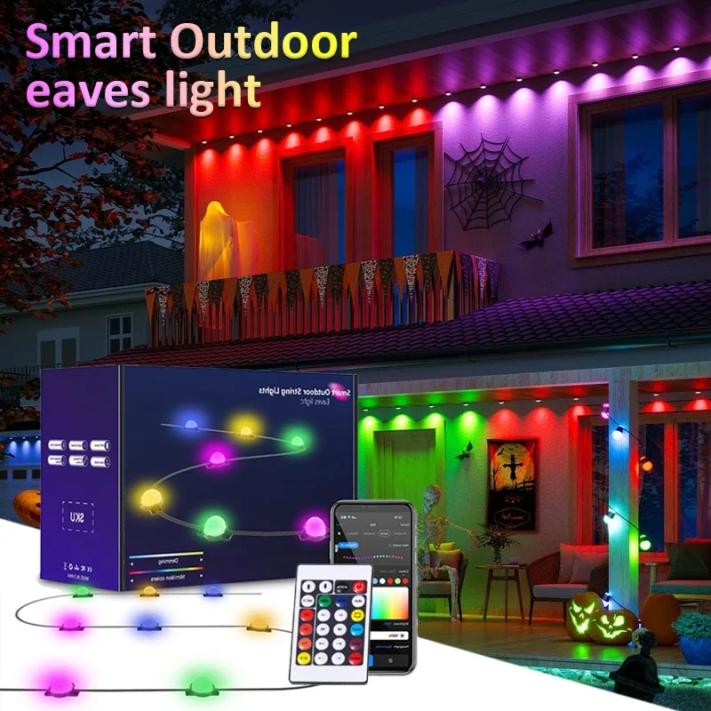 Guirnalda de aleros inteligente, luz LED con Bluetooth, luces permanentes para exteriores, temporizador de sincronización de música, cadena DIY IP65 resistente al agua para decoración del hogar y fiesta