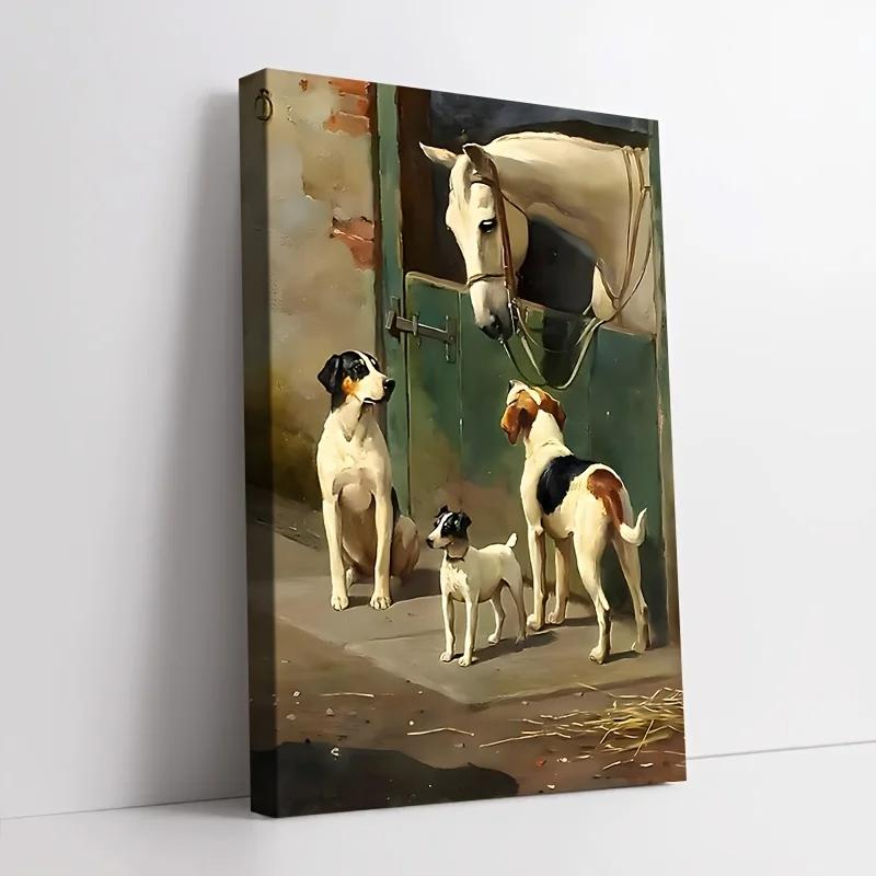 Frameless Dog and Horse in The Stable Poster and Prints Animal Art Canvas Painting Wall Art Picture for Living Room Home Decor G