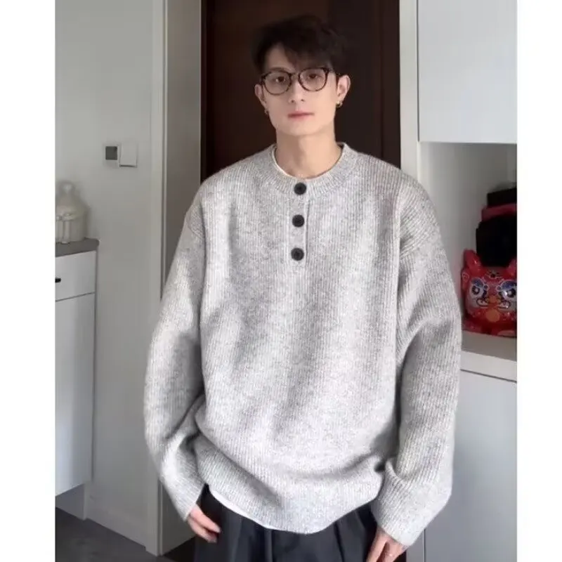 

Men's Casual Knitted Sweater Henry Collar Warm Loose Fit Autumn Winter Faion Brand Versatile Hooded Light ey Knitwear