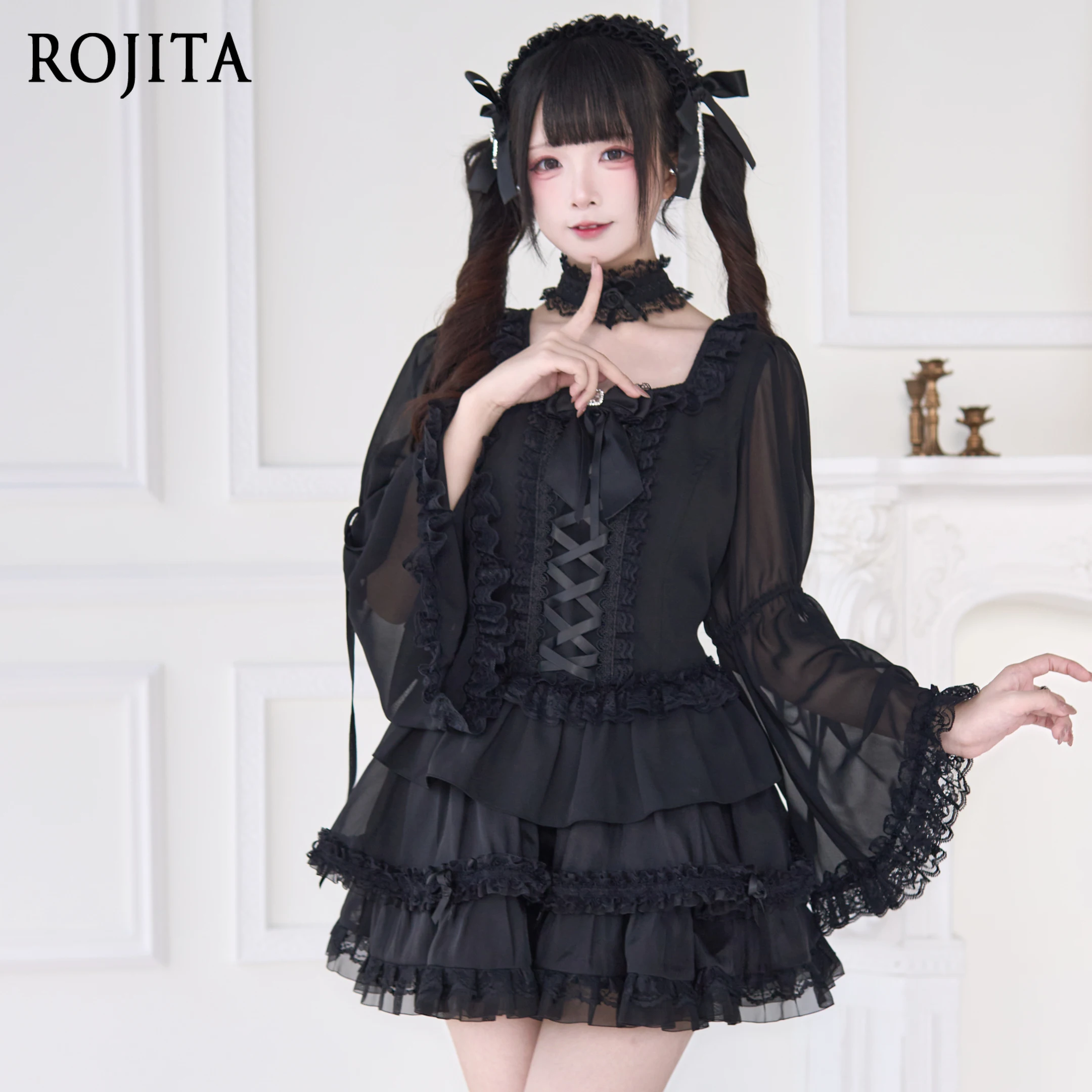 

Japanese Mine Style Subculture Square Neck Flare Sleeved Tops Elastic High Waist A-line Skirts Two-piece Set Women Outfits