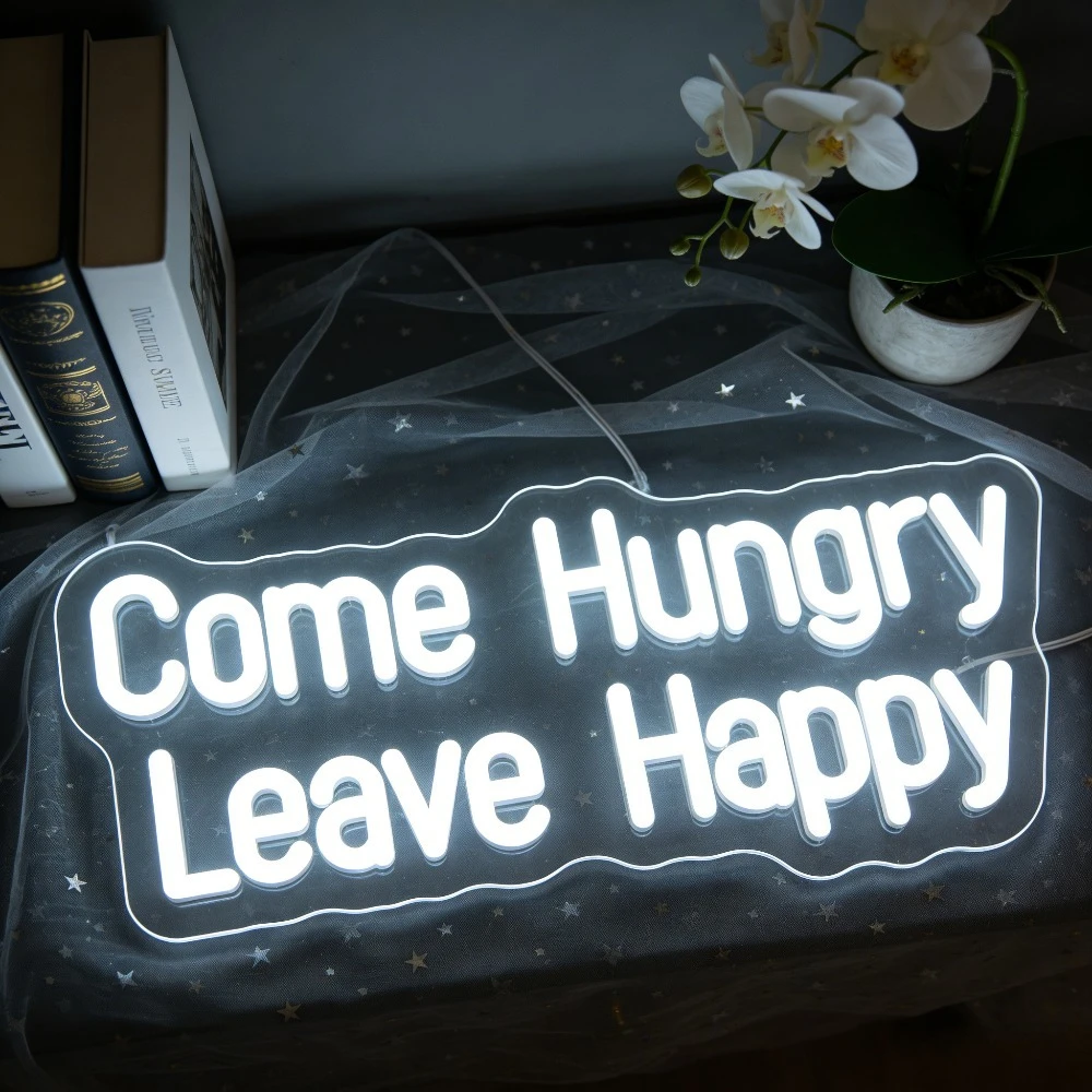 

Неоновая LED-вывеска «Come Hungry Leave Happy» для декора стен, USB-светильник с регулировкой яркости для ресторана, кухни, домашнего бара, кофейни