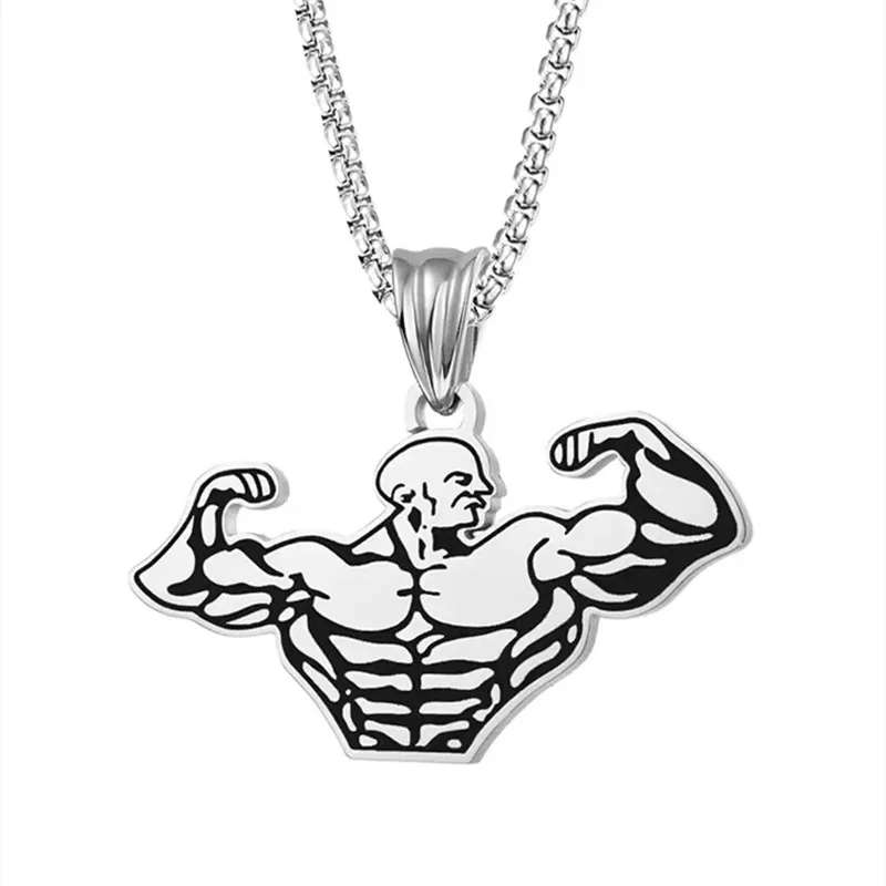 Stainless Steel Muscle Man Pendant Bodybuilder Necklace Men Women Gym Sports Charm Jewelry Accessories