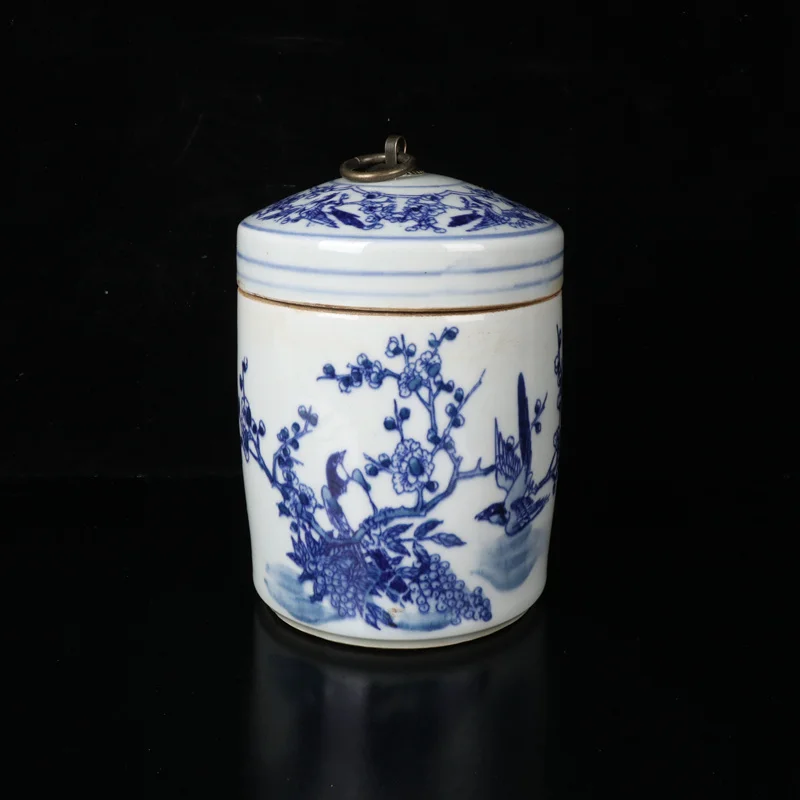 

China Old Porcelain Blue White Flower Bird Pattern Covered Pot Storage Pot