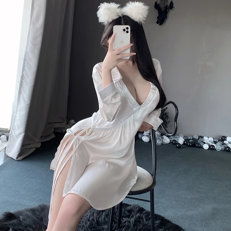 Dichengda Women Sexy Open Chest Sleeping Dress White Black V Neck Mini Dress Girls Lovely High Slipt Night Dress Bandage 2023