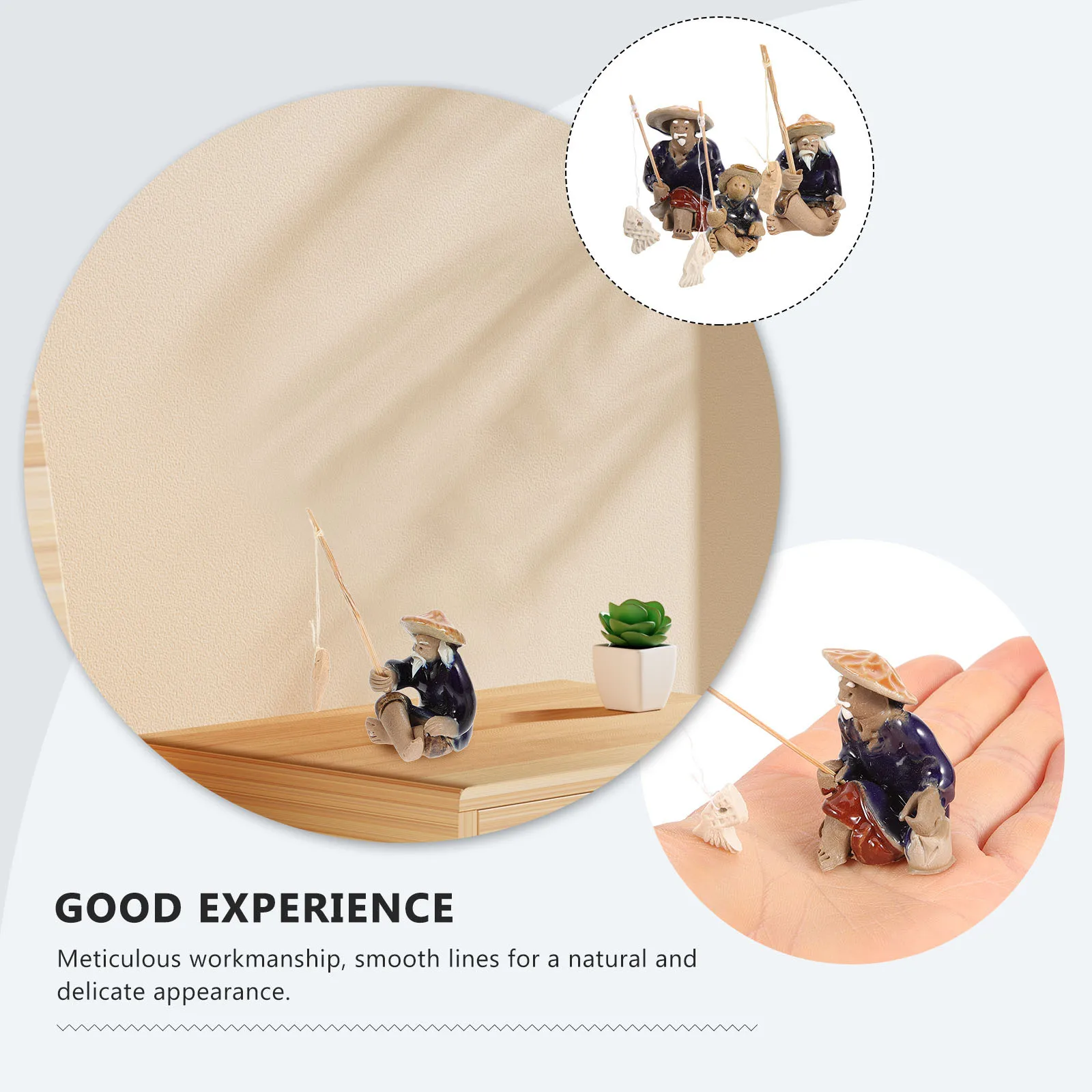 

3Pcs Ceramic Fisherman Statue Mini Decor Sculpture for Aquarium Bonsai Terrarium Micro Landscape Fish Tank Home Office Desk
