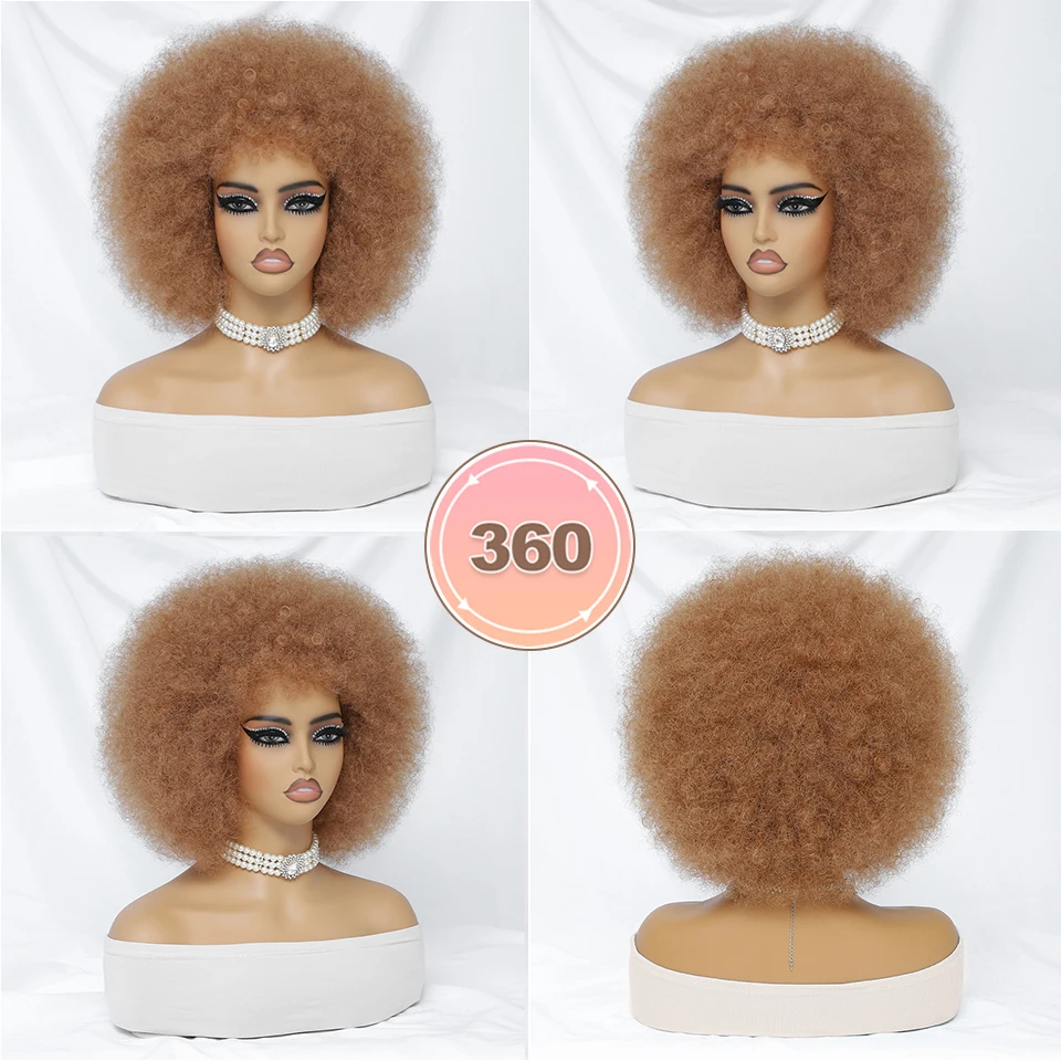 Afro Kinky Curly Wig With Bangs Short Fluffy Hair Wigs For Black Women Synthetic Ombre Cosplay Natural Brown Black Pink