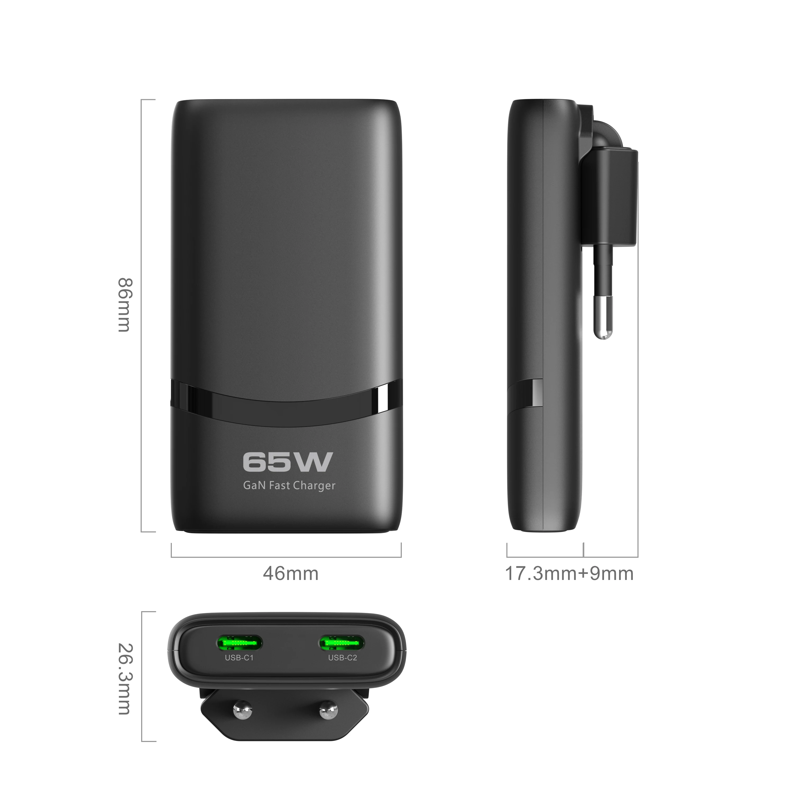 New 65W GaN Charger, Ultra-thin Foldable Plug, EU Plug, Dual USB C Ports, PD Fast Charging, Wall Charger for iPhone Samsung Huaw