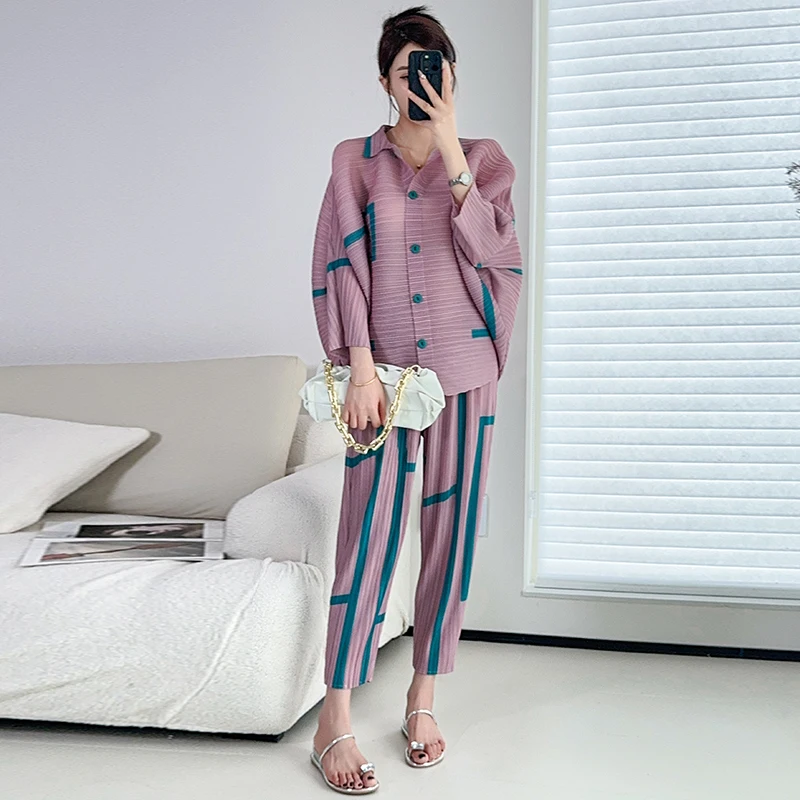 Herfst Miyake Roze Print Geplooide Broek Pak vrouwen Revers Single Breasted Batwing Mouw Losse Shirt Tops + Nieuwe Broek sets