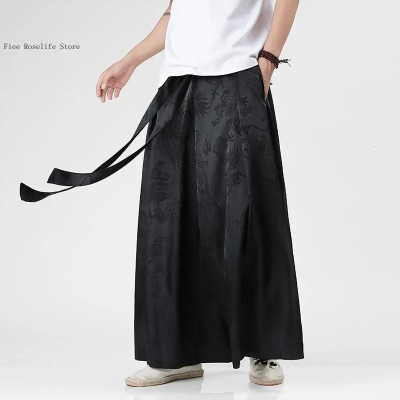 Spring and Summer Casual Simple Commuting Loose Pure Color Chinese Dragon Patterned Ice Silk Wide Leg Pants Man