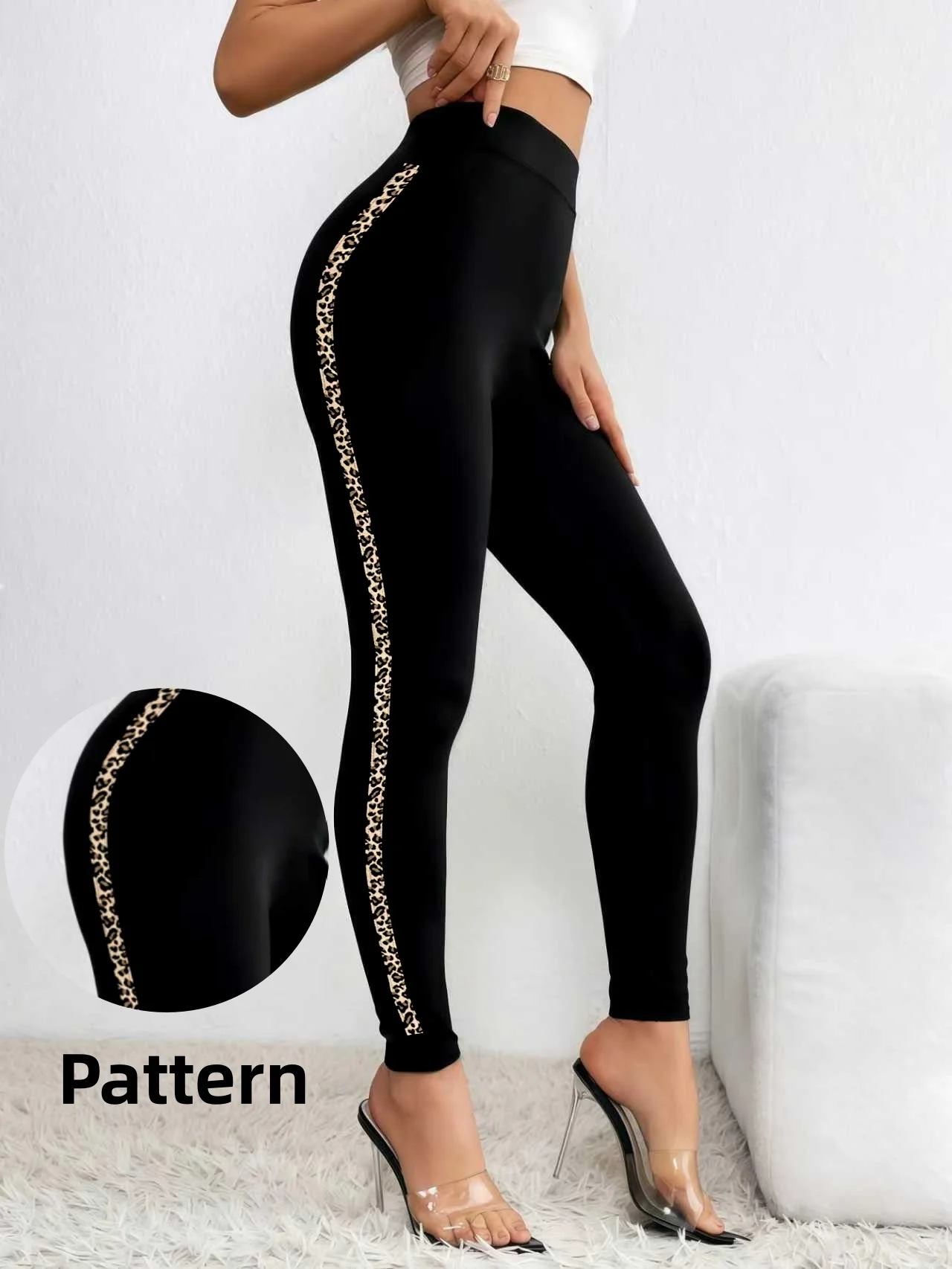 Women's Wild Side Leopard Rhinestone Sparkly Leggings High Waist Tight Elastic Trendy Knitted Leggings Casual Outdoor Wear