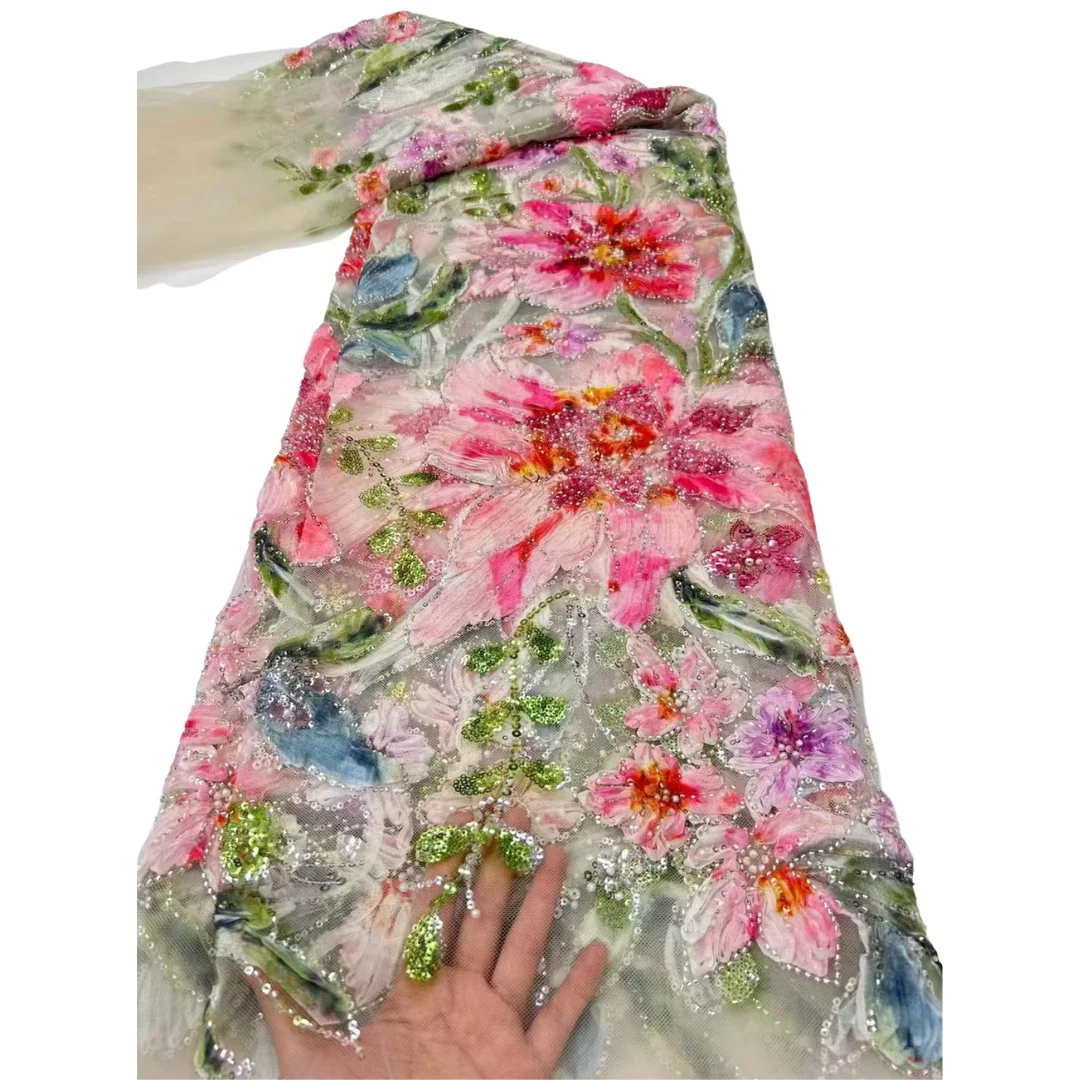 Watercolor Large Branch Floral Embroidery  African Nigerian Beaded Sequins Ruffle Lace Fabric High‑End Textile for Women Dress