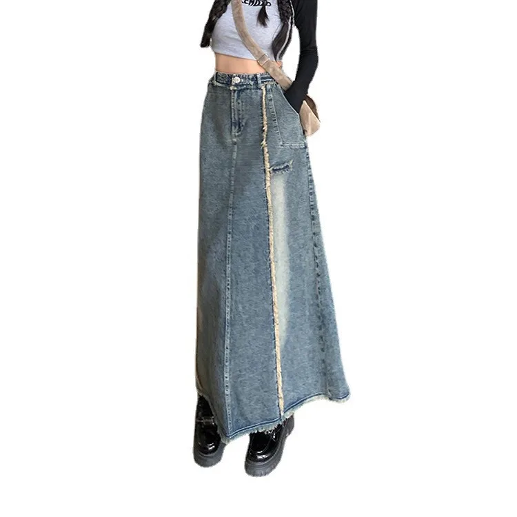 Large size high waisted washed vintage fur trimmed fishtail denim skirt