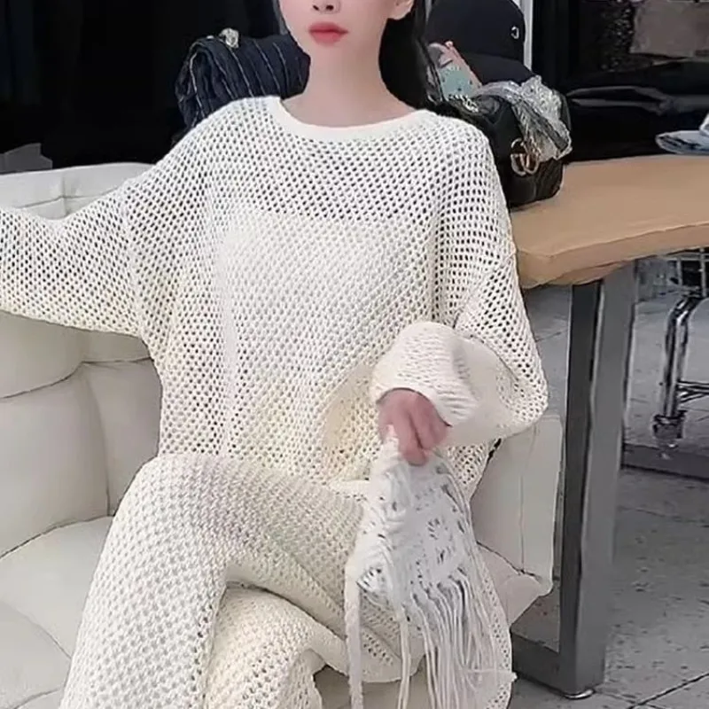 

Lazy Style Knitted Suit for Women 2025 New Style Perspective Hollow Slit Mid Length Top High Waisted Pants Two-piece Set