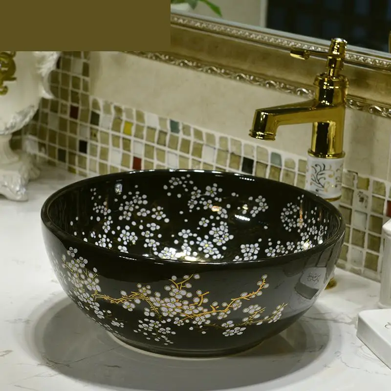 Jingdezhen Ceramic Washbasin Bowl Shaped Hotel Home Decoration Art Wash Basin Hand-painted Black Gold plum blossom bathroom sink