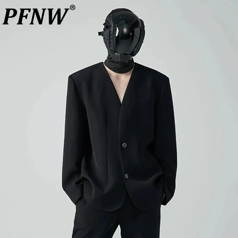 

PFNW Dark Style Men's Blazers Single Breatsed Collarless Pleated Solid Color Loose Male Coats New Autumn Trend 2024 12C716