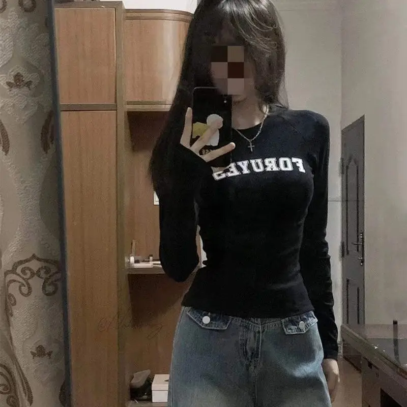 Slim Fit Long Sleeve Pure Cotton American Style Base Shirt Sweet And Spicy Style Women's Top Spring Autumn New Arrival Short