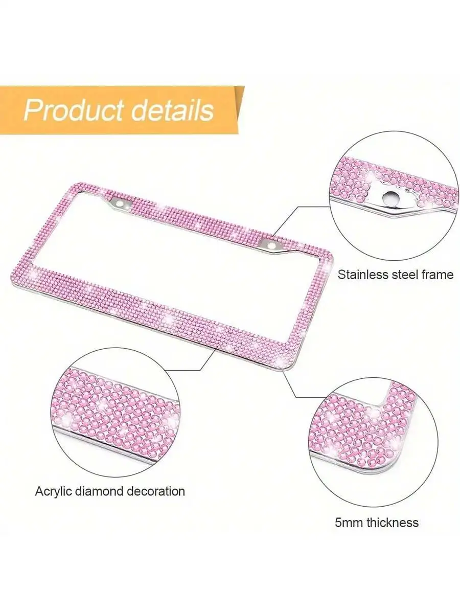 2PCS Bling Bling Pink Diamond Car Plate Frame - Cute Glam Style For Women & Girls - Shine Day & Night With Reflective
