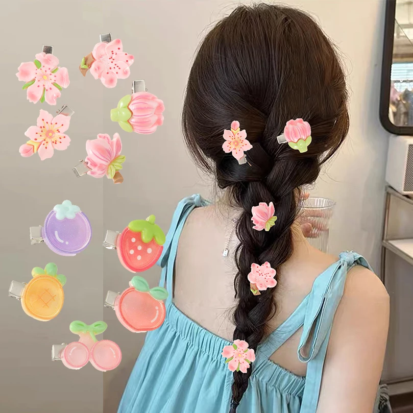 5 PCS Pink Flower Hair Clips Girls Sweet Hairpin Fruit Peach Heart Side Clip Hair Accessories Small Barrettes Hairpins