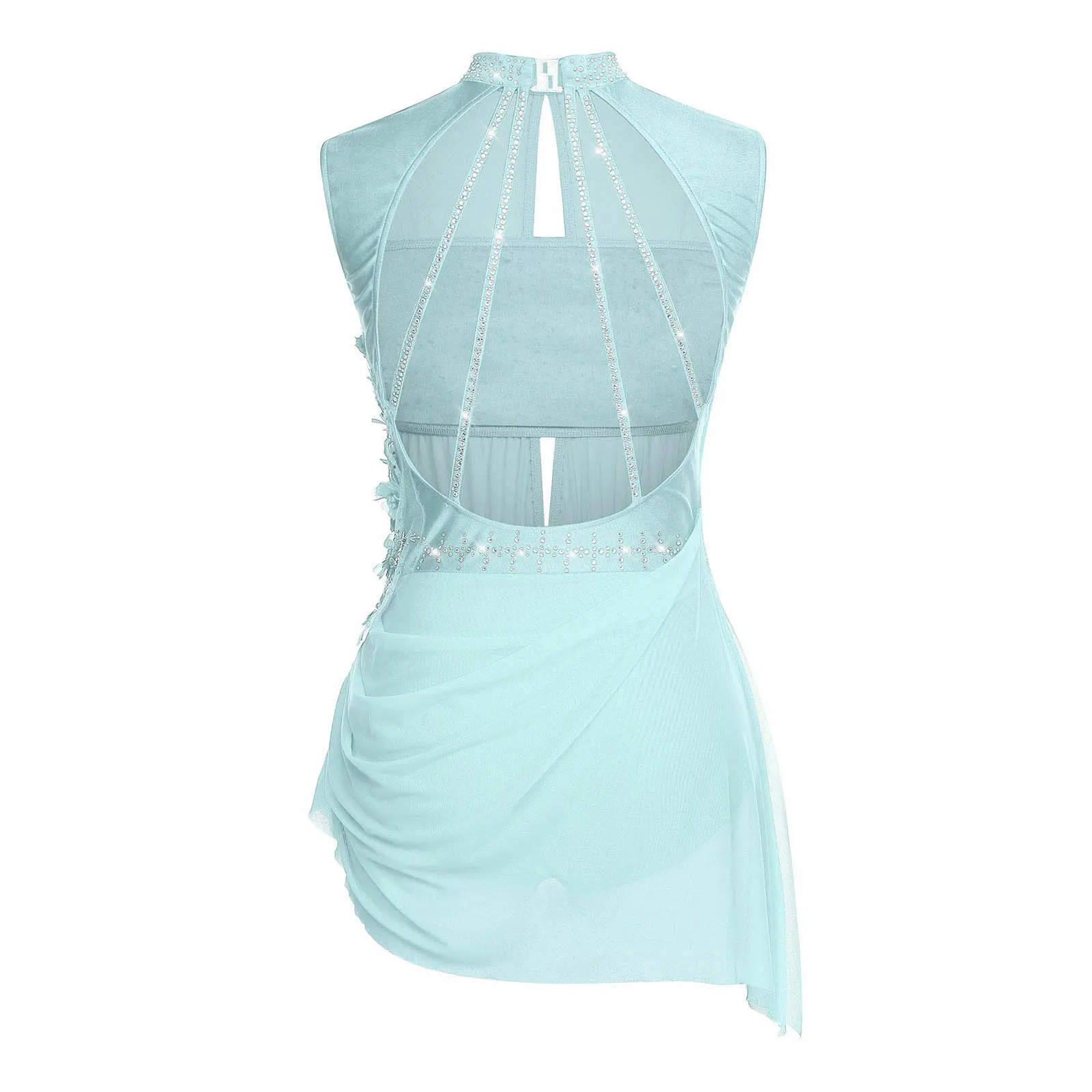 Women Figure Skating Dance Dress Sleeveless Backless Cutout Sheer Mesh Overlay Shiny Rhinestones Applique Asymmetrical Dress image 5