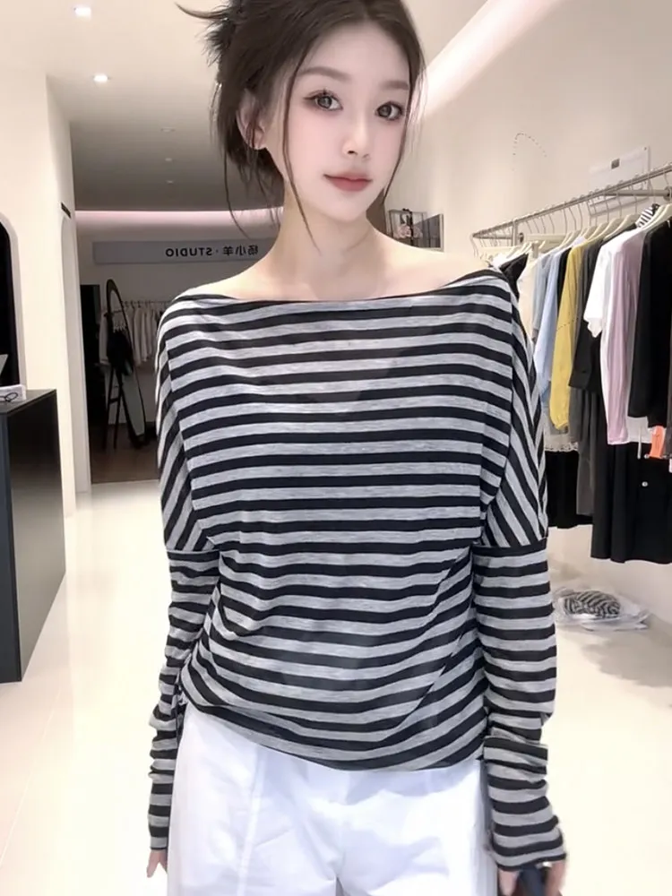 Casual Stripe Color Block Long Sleeve Loose Women's T-shirt One-Shoulder Slimming Relaxing Spring Autumn Fashion Top