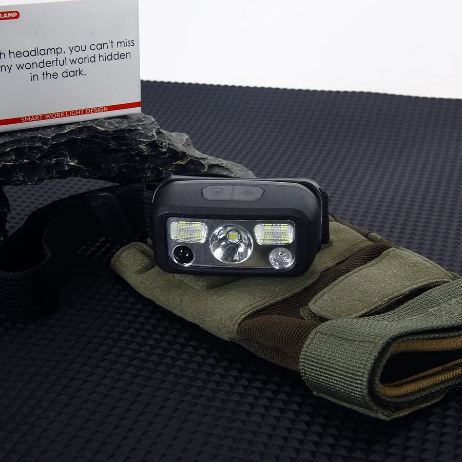 Mini LED Sensor Headlamp USB Rechargeable Head Flashlight Torch Headlights with Red Light LED 5 Lighting Modes Camping Search