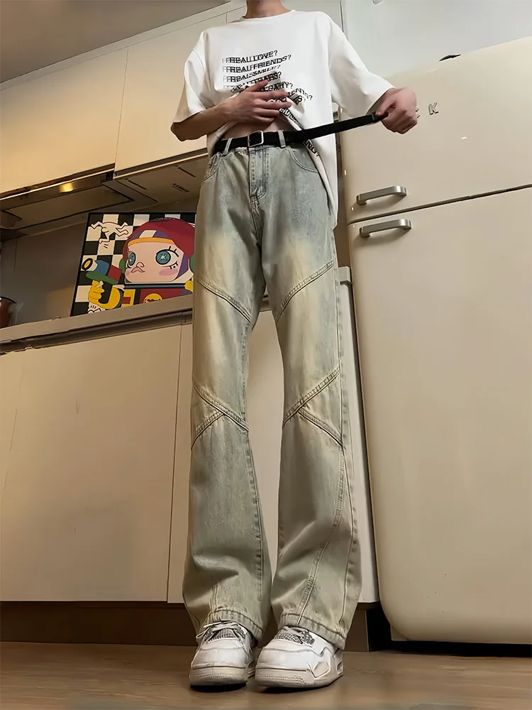 

Мужские джинсы прямого кроя в стиле американской уличной моды, облегающие, с эффектом потертости, в грязно-желтых тонах, с элементами пэчворка, повседневная молодежная одежда