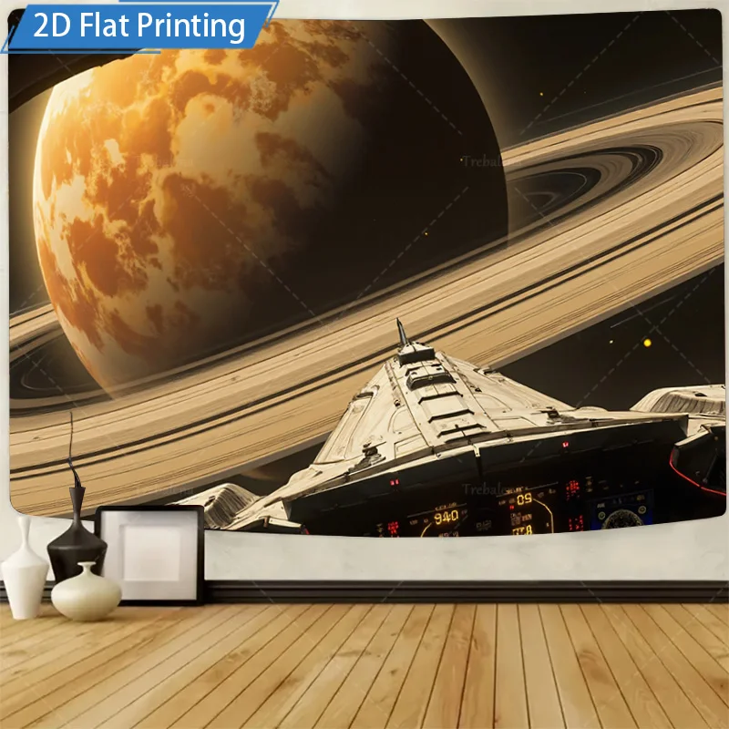 Tapiz de pared de 1 pieza, odisea espacial: tapiz de pared futurista con anillos de nave y saturno
