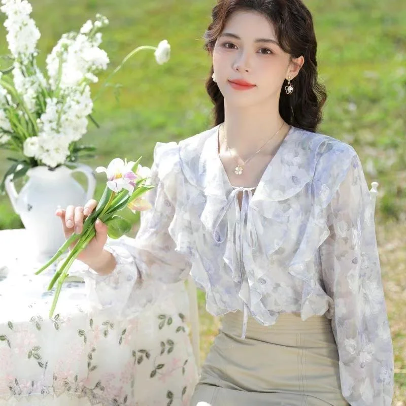 

Ruffled V-neck Shirt For Women 2024 Spring/summer New Fashion Floral Chiffon Shirt Long Sleeve Belly Fairy Age Reduction Top