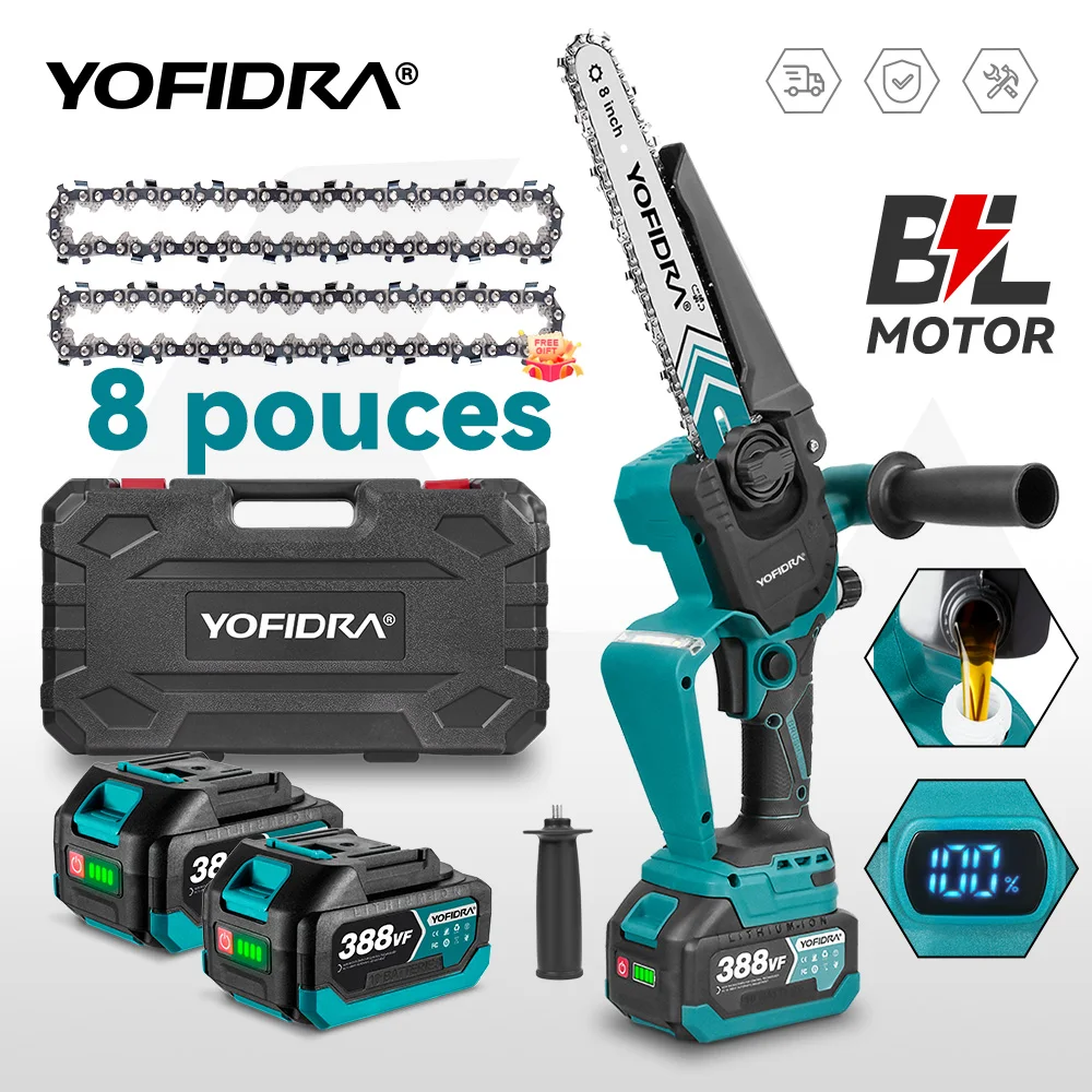 YOFIDRA 4500W sans brosse 8 pouces tronçonneuse électrique affichage numérique travail du bois taille scie outil de coupe pour 21V batterie broche