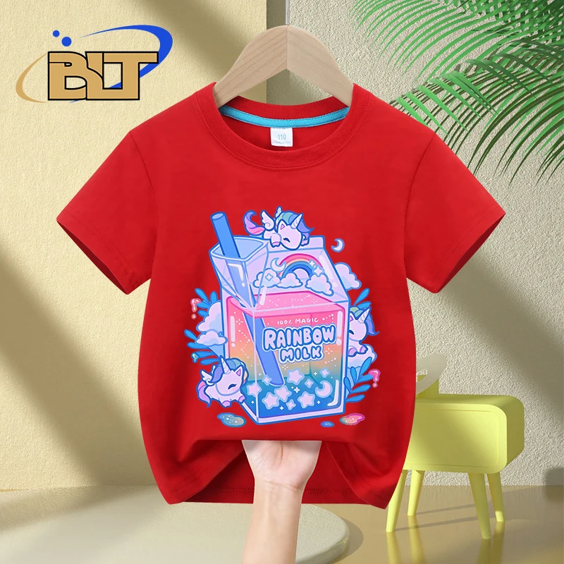 

Rainbow milk unicorn cartoon print kids T-shirt summer children's cotton short-sleeved casual tops boys and girls universal