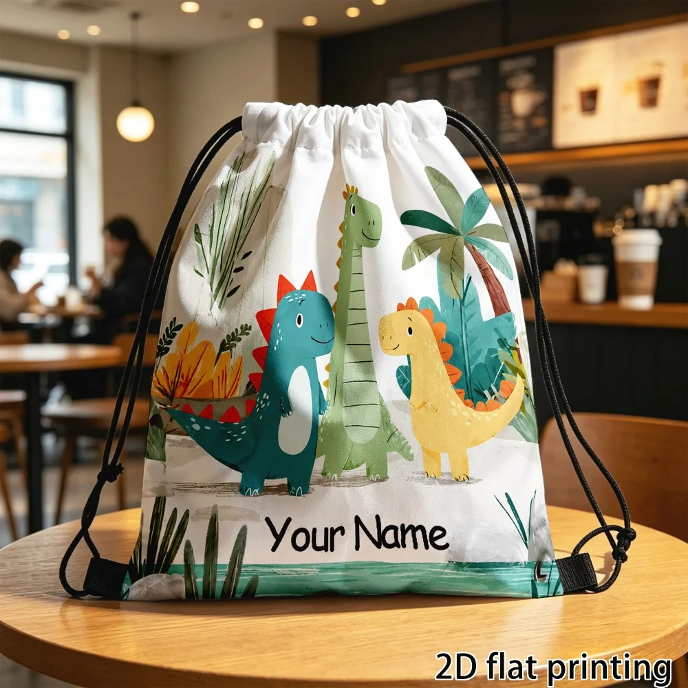 1Pc Custom Name/Text Cute Dinosaur Pattern Drawstring Backpack, Lightweight Sports Bag, Gym Storage Bag, Outdoor Travel Rucksack