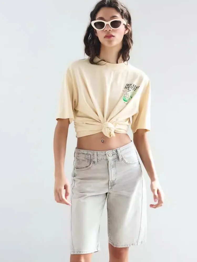 

High Waist Bermuda orts TRF Sle Denim High Waist Worn Look Summer New Arrival Women's Jeans orts Pure Color Workwear