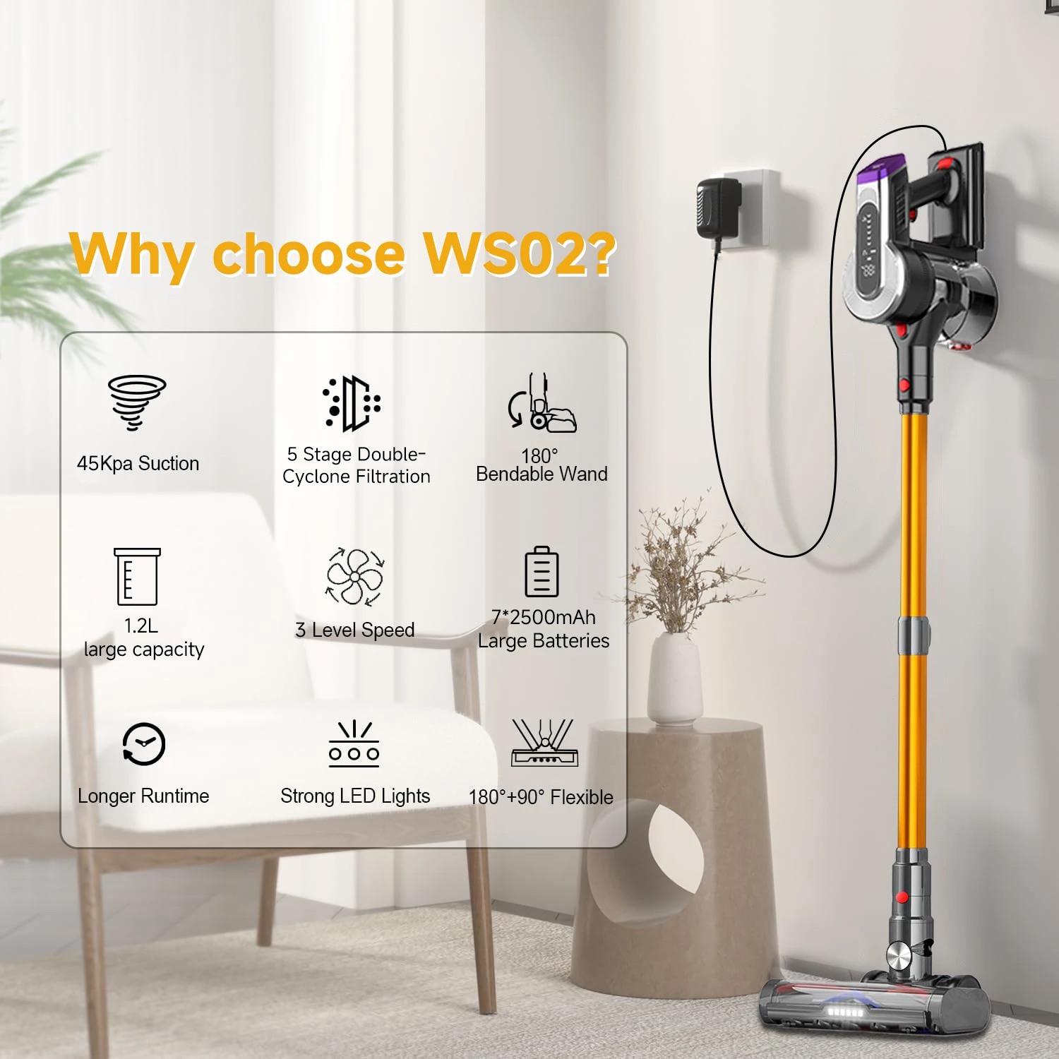 Vacuum Cleaner WS02/Yellow upgraded version, 35000pa/45000pa Super Suction, 8-in-1 Wireless Brushless Motor Newly Upgraded