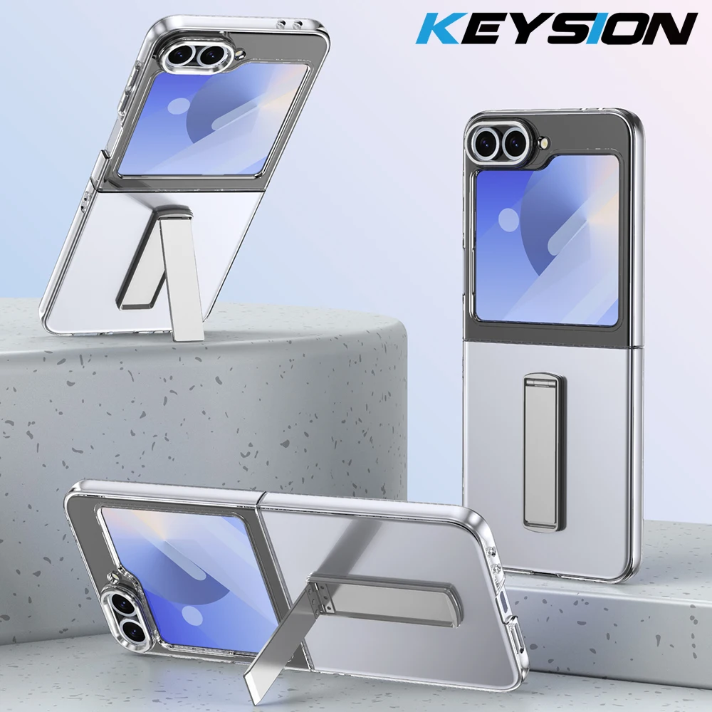 KEYSION Transparent Case for Samsung Z Flip 6 5 4 3 5G Hard PC Metal Kickstand Shockproof Phone Back Cover with Screen Protector