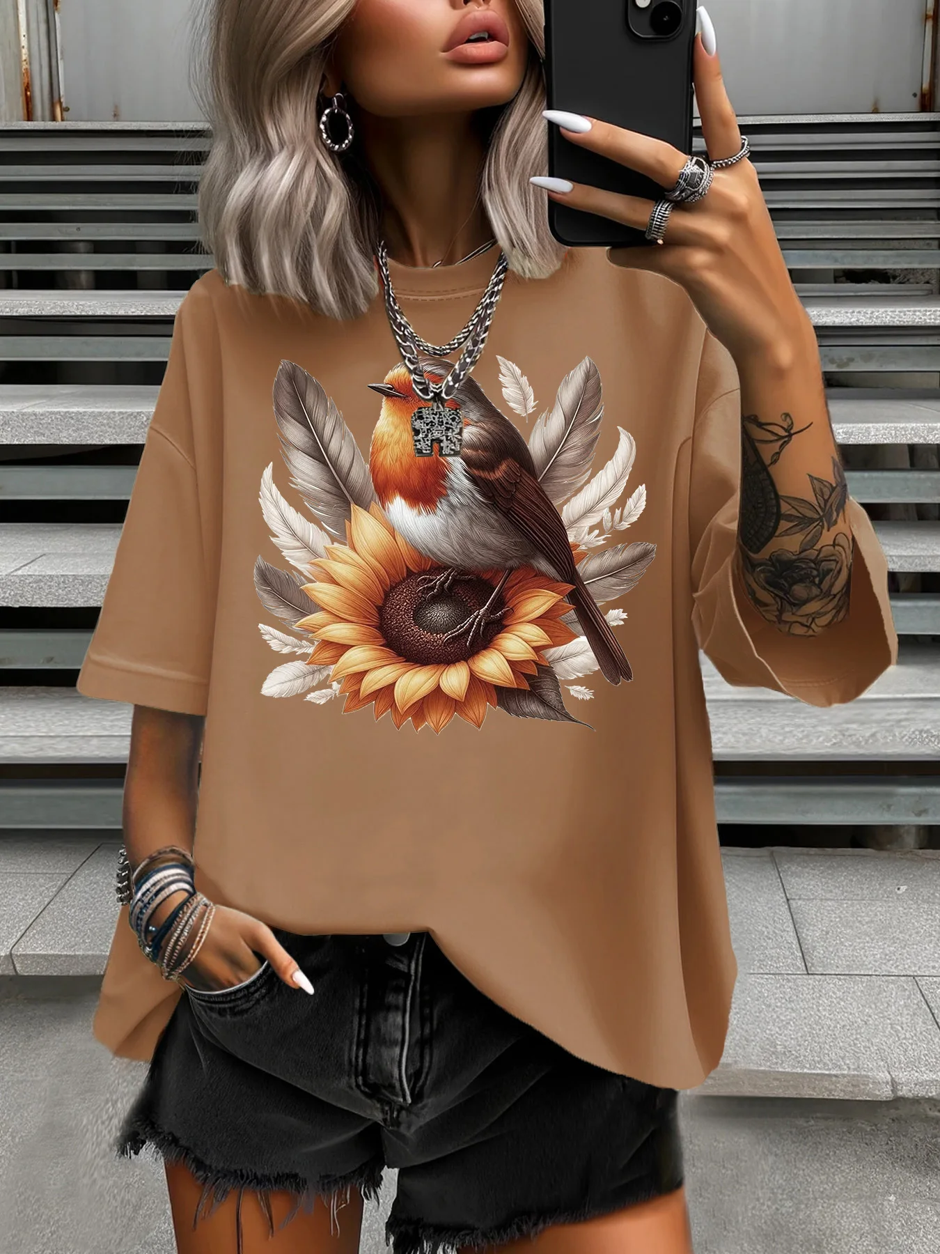 

Летняя женская футболка больших размеров, оригинальный дизайн, модные женские повседневные топы с круглым вырезом и короткими рукавами с принтом подсолнечника и милой птицы