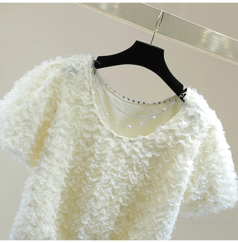 Summer Petal Tassel Blouse Women's Korean Style Round-Neck High Waist Short Solid Color Puff Sleeve Petal Top 2024