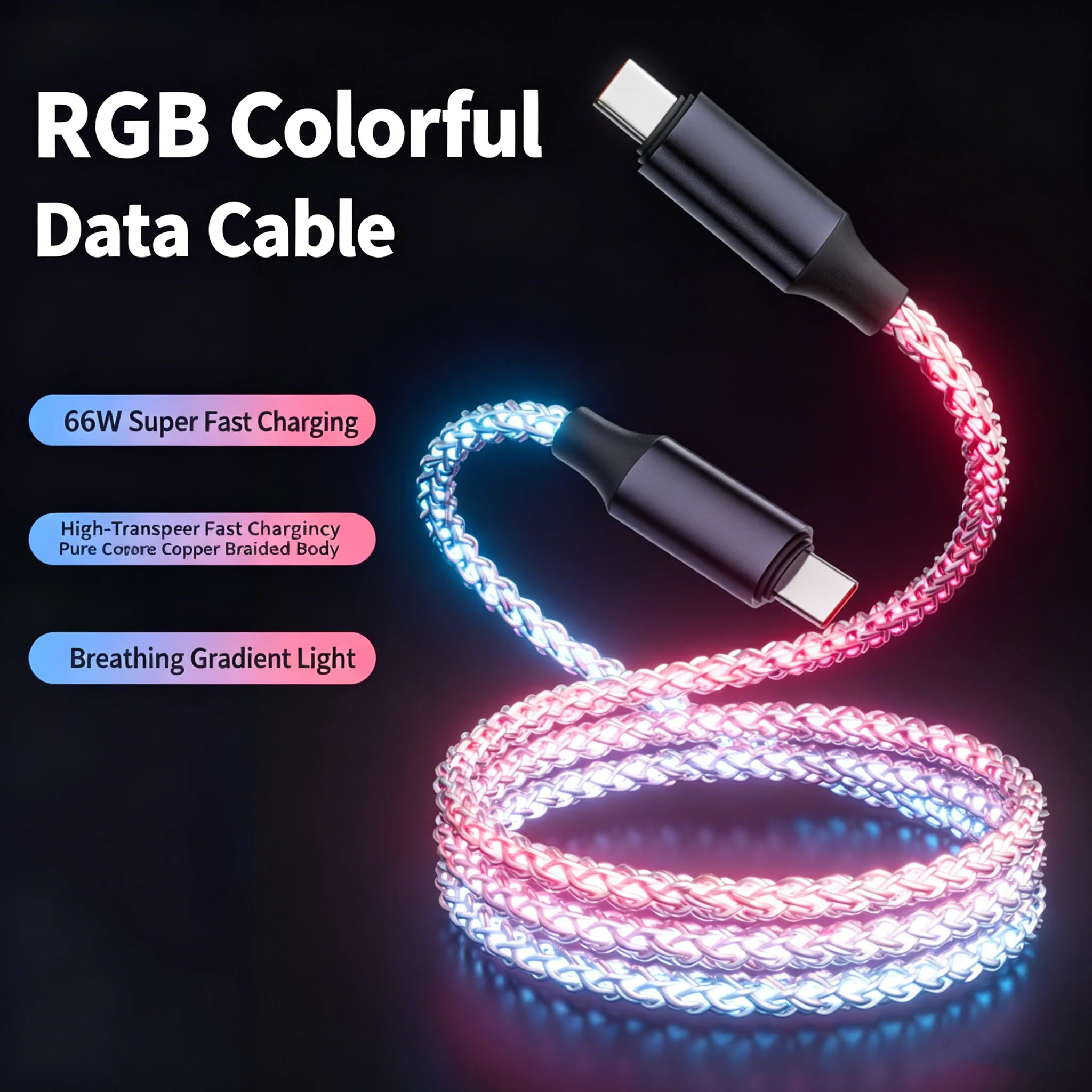 66W Flowing Led Luminous RGB USB C To Type C Charging Cable Sync Data Usb Cable for IPhone 17 16 Pro Huawei Samsung Oppo Vivo