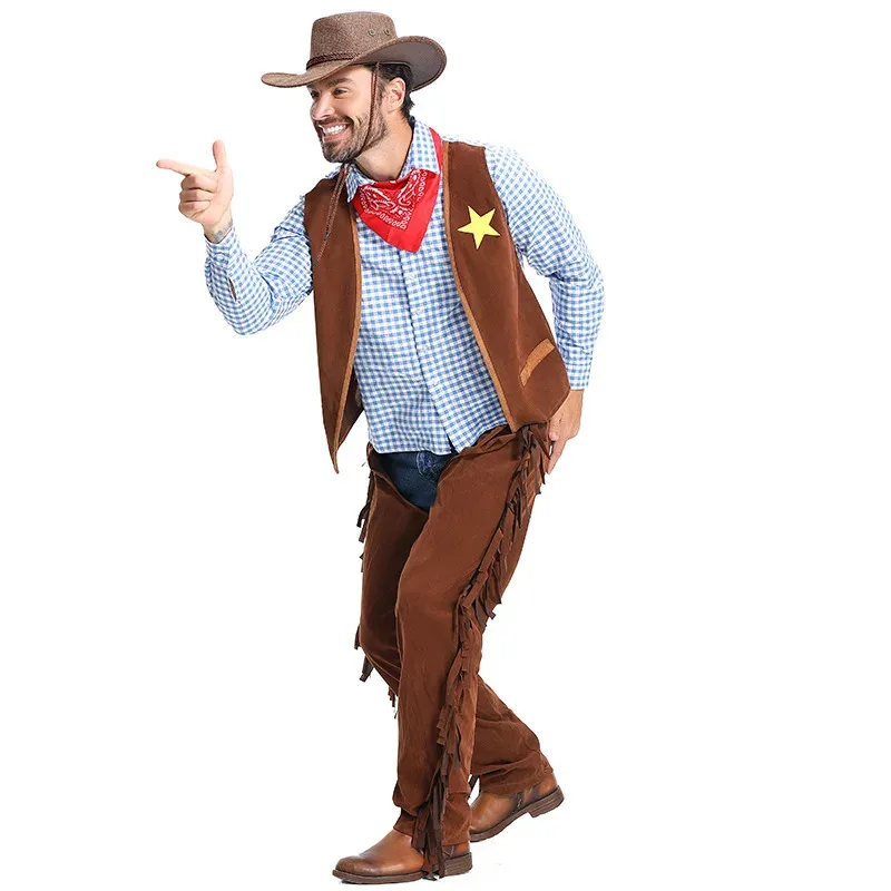 qq28LQBrown Wild West Costume Men Matador Adult Sheriff Cosplay Western Cowboy Fancy Dress Costumes