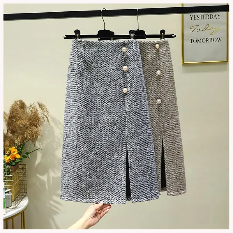 

2024 Women's Autumn Winter New High Waist Split Skirt Female Midi Long Package Hip Skirts Ladies Woolen Striped Skirt B401