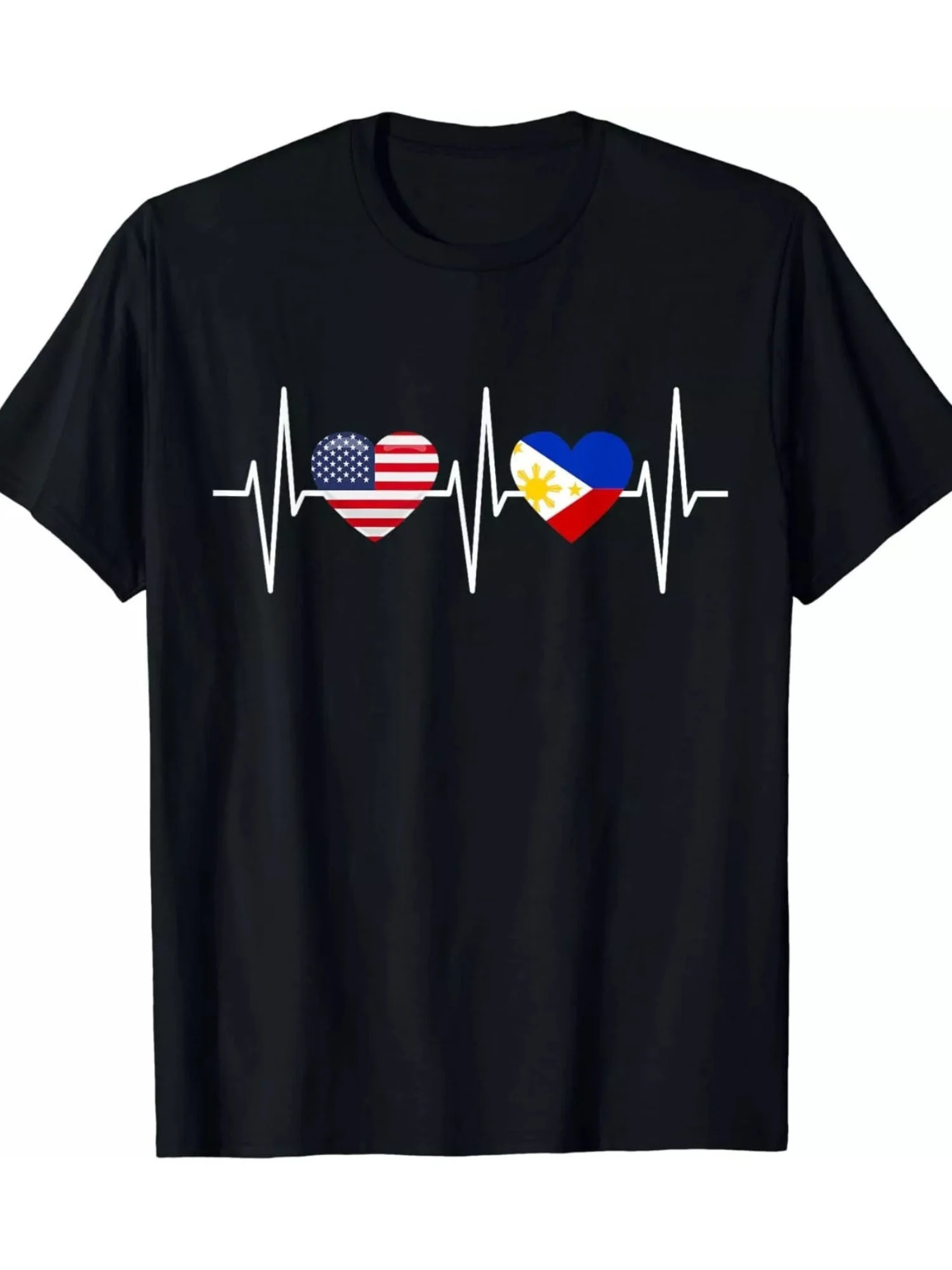 Philippines  USA Flag Heart T-Shirt - Limited Edition Filipino-American Culture Apparel, Casual Round Neck Tee with  Philippine Flags Print,  for Pinoy and Yank Pride