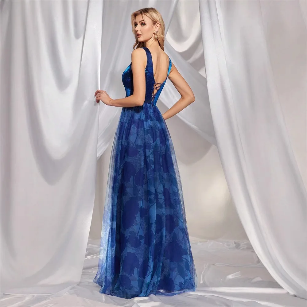 Suknia wieczorowa z głębokim dekoltem w serek, kwiatowym wzorem, zdobiona diamentami, z wysokim rozcięciem, dla druhny, damska, jedwabna, okrągły dekolt.