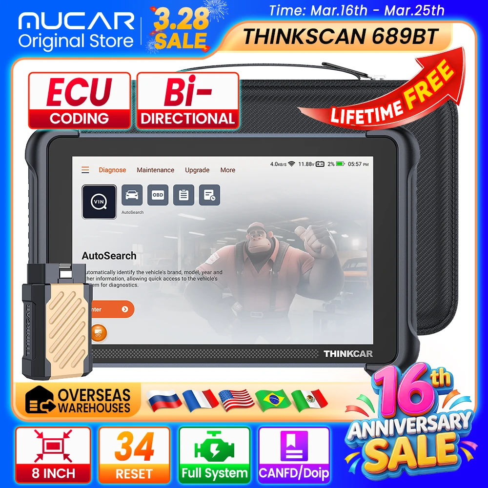 

Диагностический сканер THINKCAR THINKSCAN 689BT OBD2 для автомобилей, полный набор функций, 34 сброса, кодирование ЭБУ, двунаправленная связь CANFD, DoIP, пожизненная гарантия.
