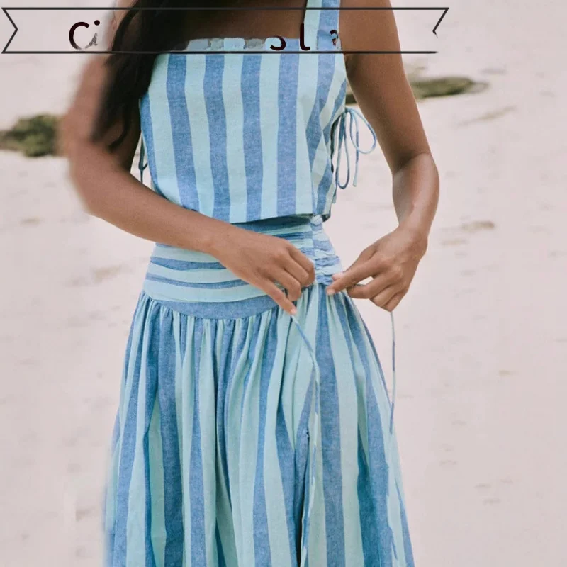 

Женская летняя повседневная юбка миди из льна с синими полосками и принтом, свободного кроя, сексуальная, модная, с рукавами «летучая мышь»