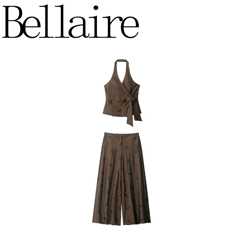 

Fashion Floral Sequin 2-piece Outfit Women Tie Waist Wrap Sleeveless Top Wide Leg Pants 2026 Summer Lady Commute Street Outfits