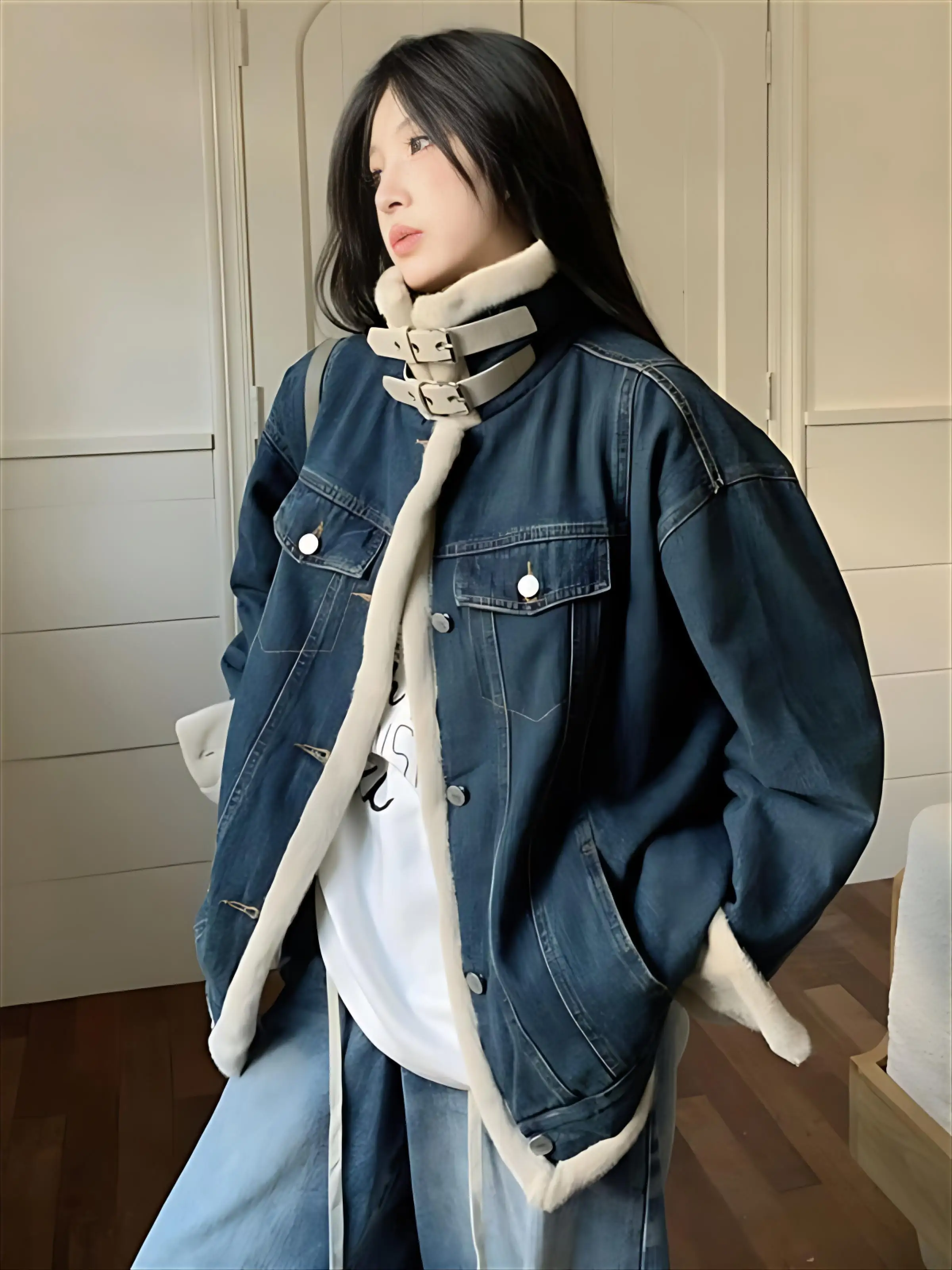 Cappotto di jeans con vera lampada di pecora Pelliccia invernale Peluche Donna Autunno scolpito Sartoria Minimalista Tendenza di strada Patchwork traspirante Y2K