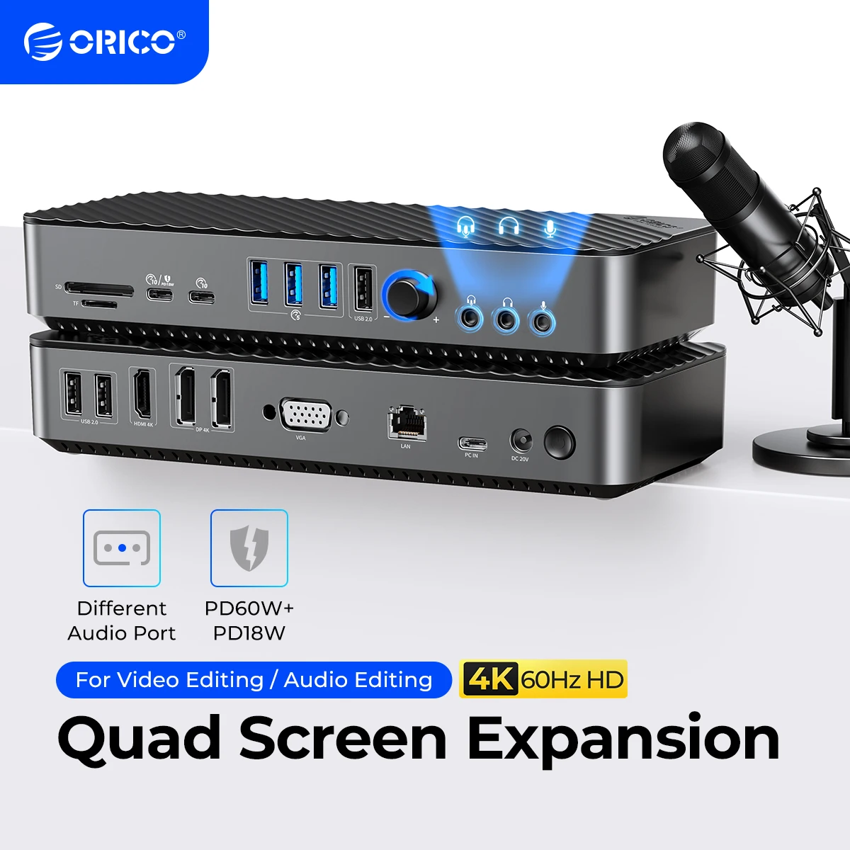 ORICO USB C Docking Station Type C to 4K60Hz DP HDMI-Com 5 Different Display RJ45 PD 20 in 1 Mult Audio 5Gbps HUB for Desktop