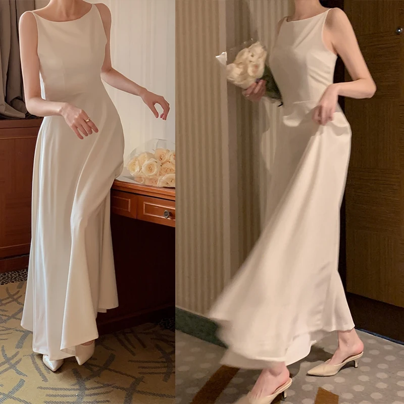 South korea Chic Gentle Sle Light Luxury off-Shoulder Advanced Design Sense  Sleeveless Long Versatile Dress